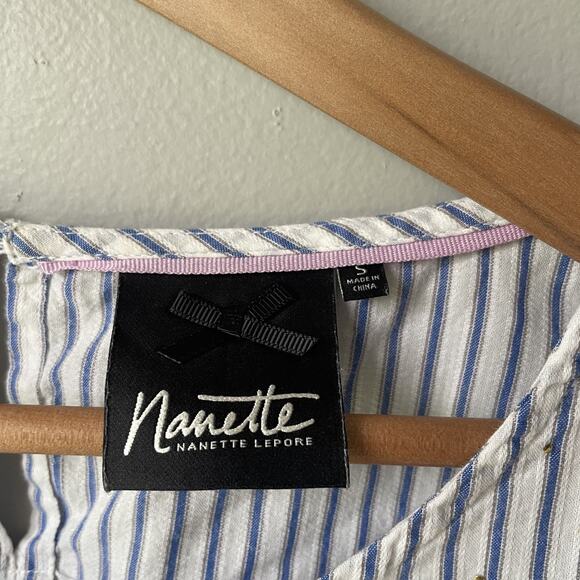 Nanette Lepore Front Tie Gold Embellished Blue White Stripe Blouse Womens Small - Picture 2 of 10
